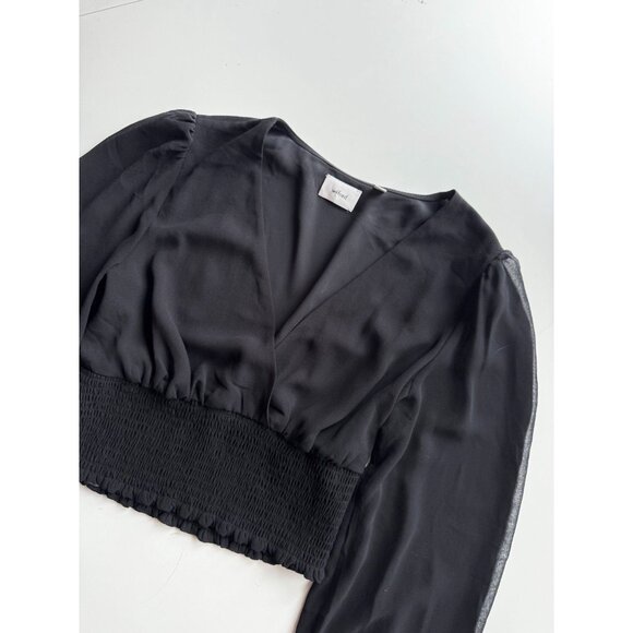 Aritzia WILFRED Wistful Black Chiffon Smocked Puff Sleeve V-Neck Blouse, Size S - Picture 6 of 15
